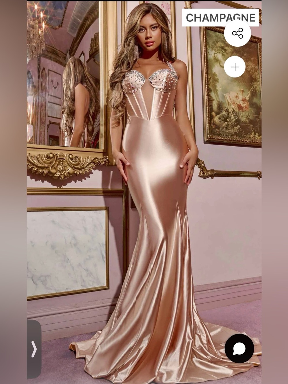 Jovani Iridescent Champagne Satin Dress with Crystal Accents